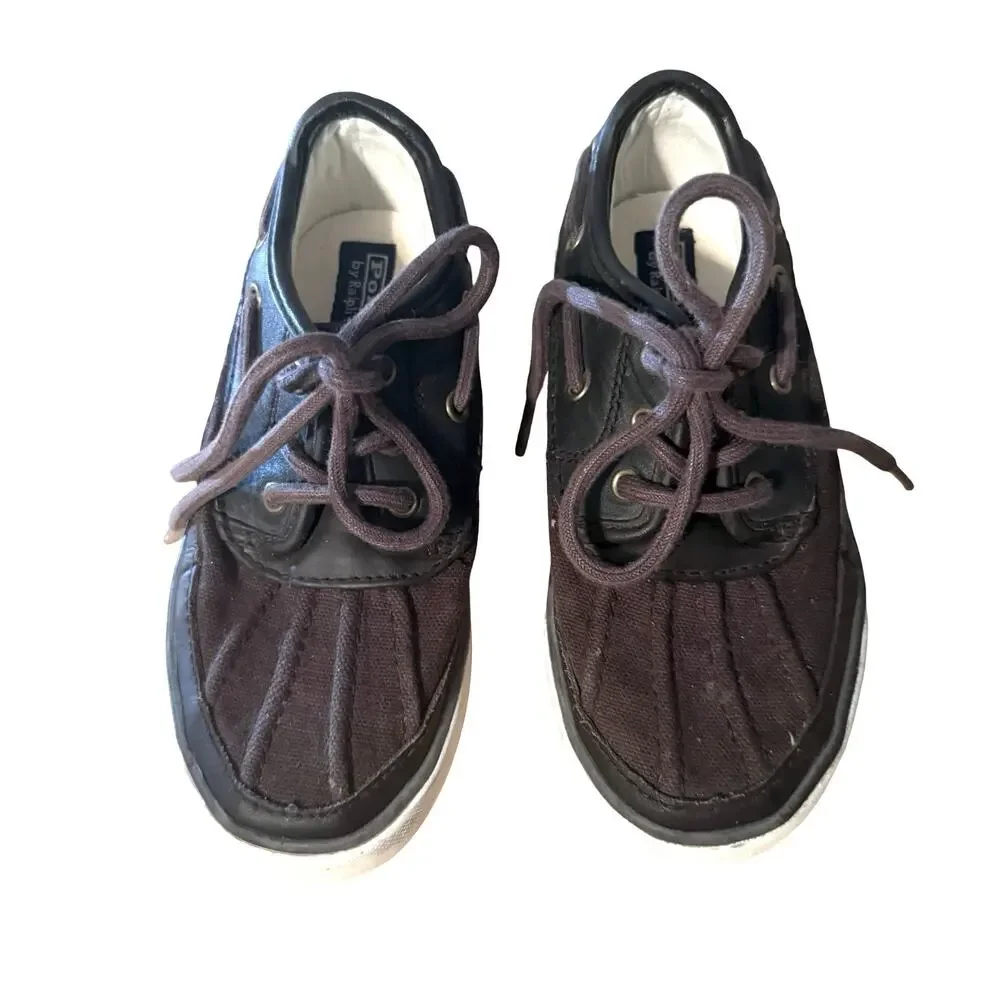 Polo Ralph Lauren Boys Leather & Canvas Dark Brown Boat Shoes Preppy Lace Up 9.5